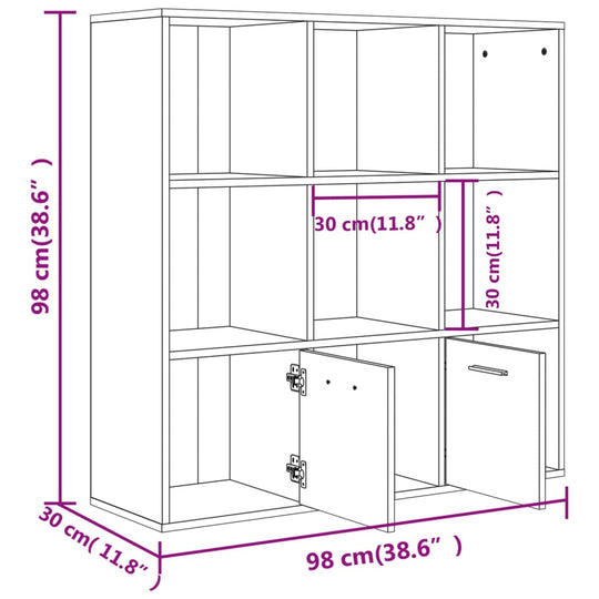 Dimensions of concrete grey book cabinet, featuring 7 open cubes and 2 doors for practical storage, 98x30x98 cm.