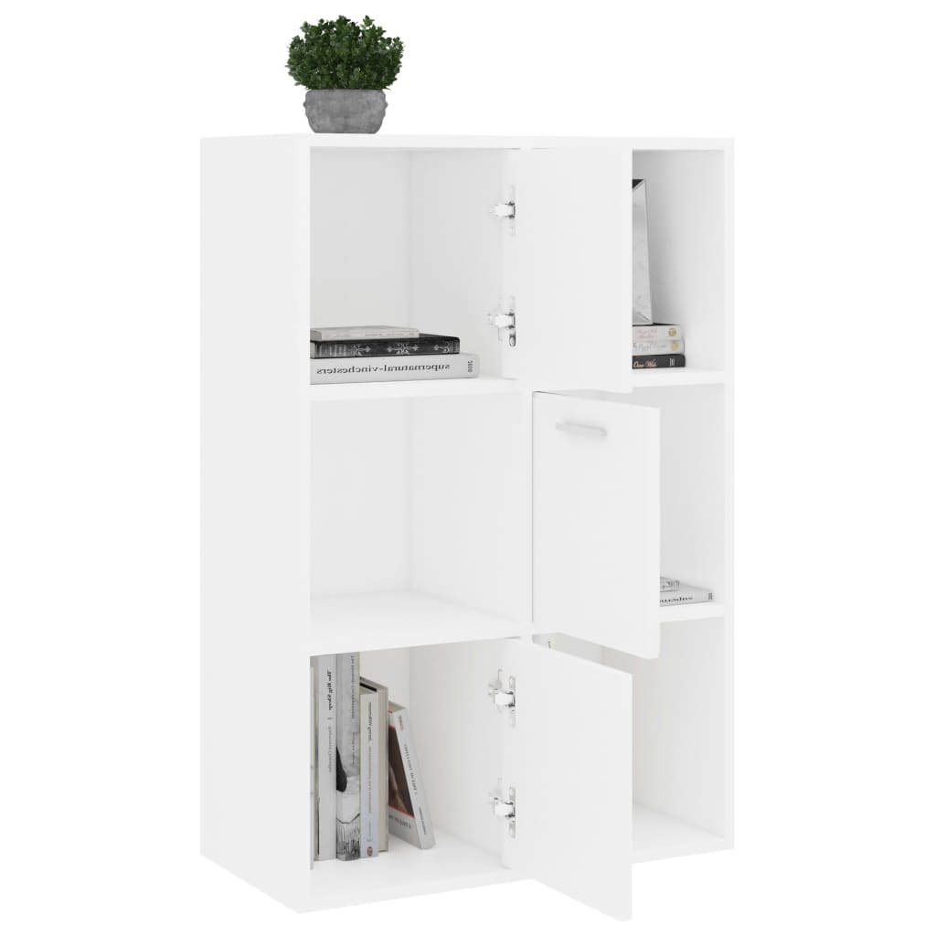 White storage cabinet with compartments for organized shelving, ideal for home or office use, made from durable engineered wood.