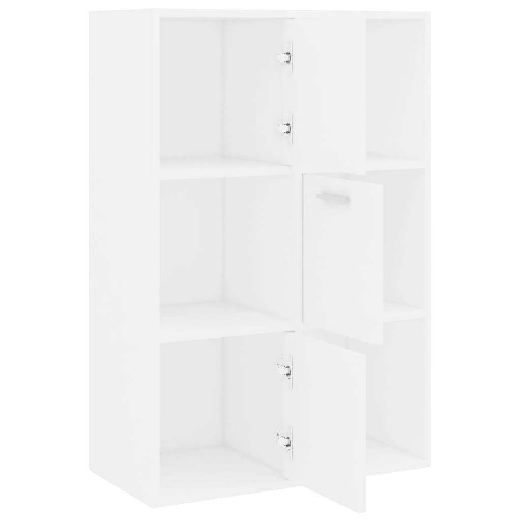 White storage cabinet with 6 compartments and doors, ideal for organized indoor or outdoor furniture use.