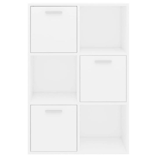 White storage cabinet with 6 compartments, including 3 open cubes and 3 with doors, made of engineered wood furniture.