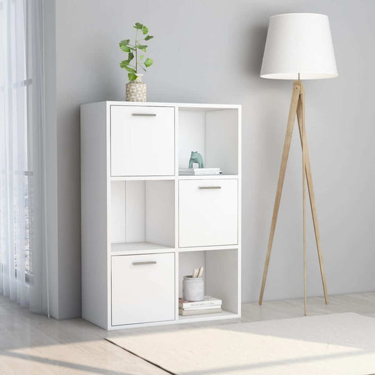 White storage cabinet with 6 compartments and a floor lamp, perfect for any room decor.