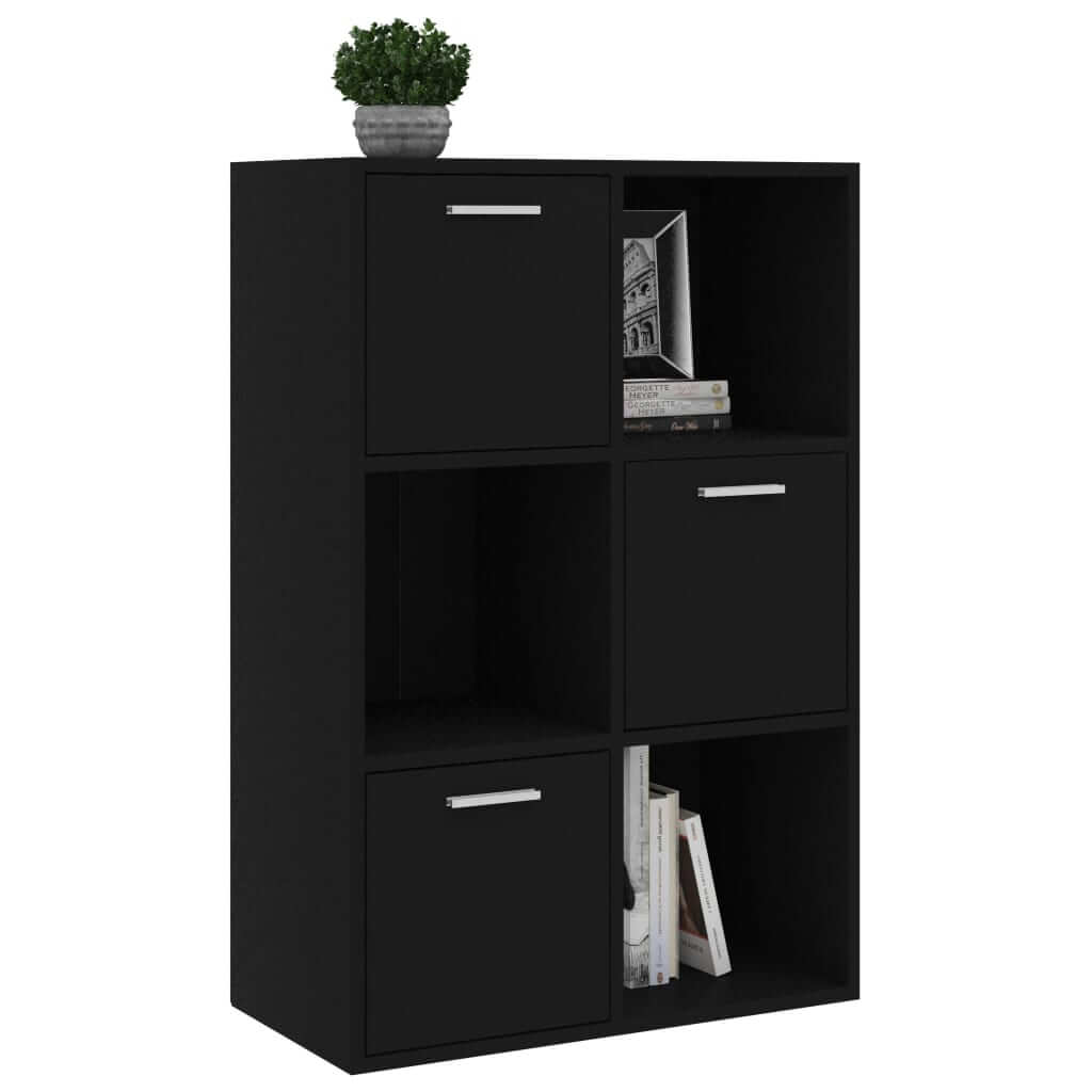 Black storage cabinet with six compartments, perfect for organizing books and decor in any room.