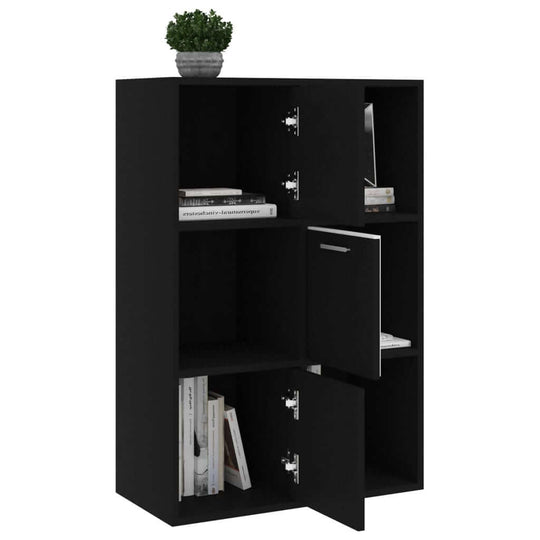 Black storage cabinet made of engineered wood with 6 compartments, perfect for office or children's room organization.