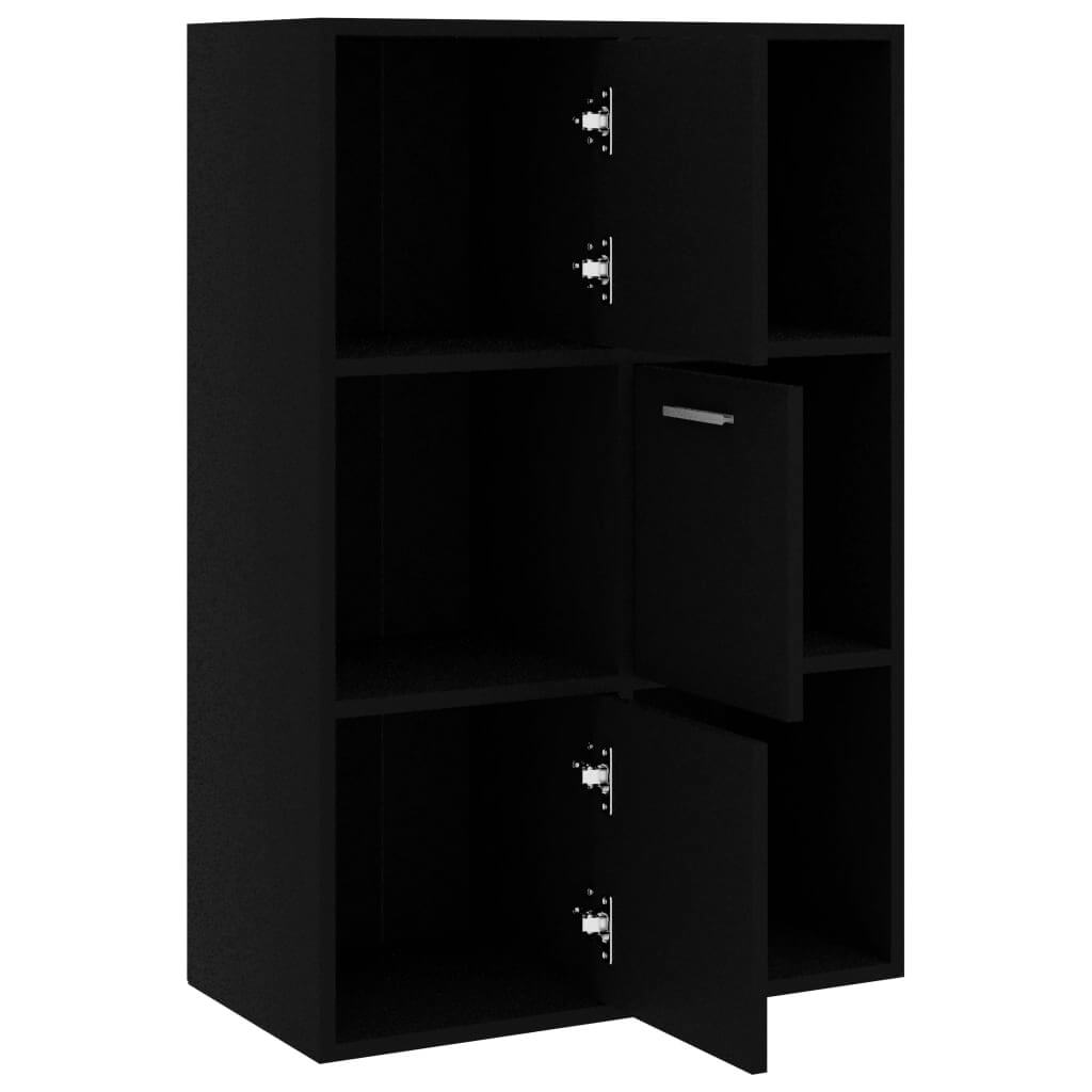 Storage cabinet in black engineered wood with 6 compartments, featuring 3 open cubes and 3 doors for versatile organization.