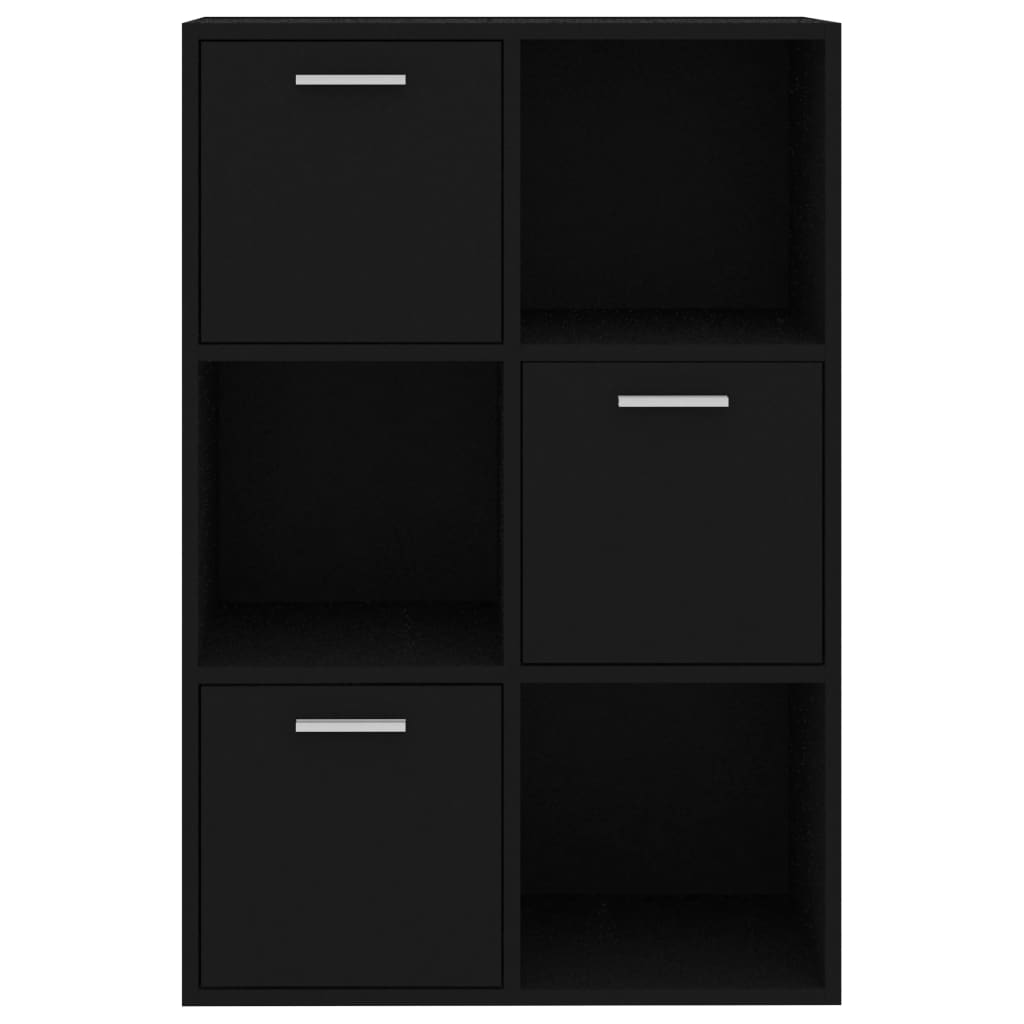 Black storage cabinet with 6 compartments, featuring 3 open cubes and 3 cubes with doors made of durable engineered wood.