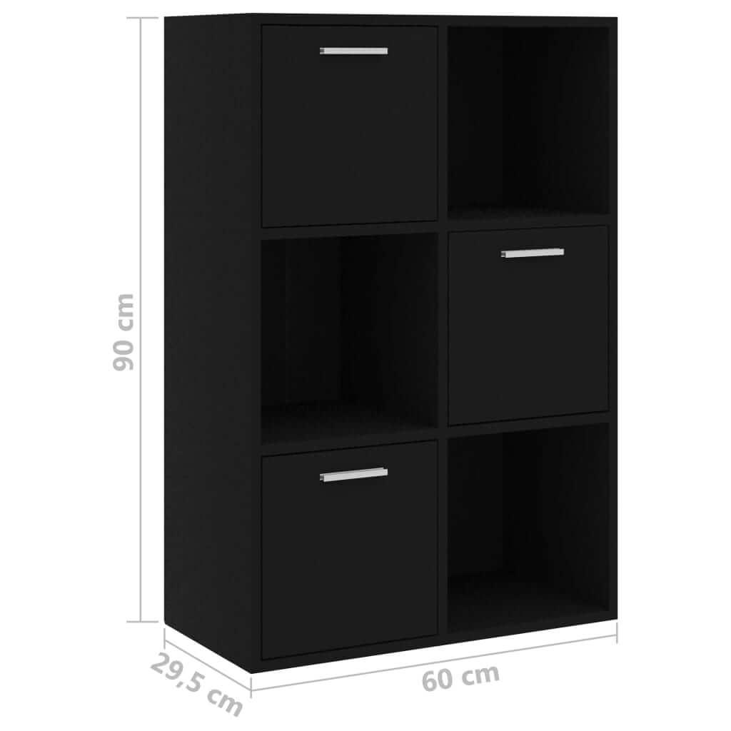 Black storage cabinet measuring 60x29.5x90 cm with 6 compartments, ideal for versatile storage and organization.