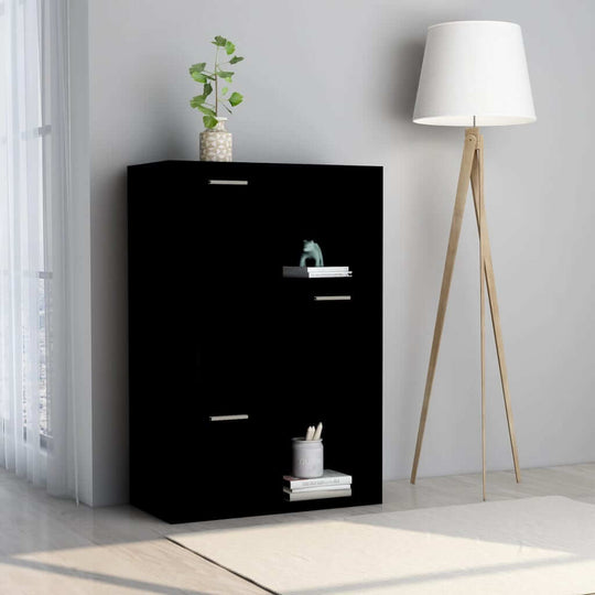 Black storage cabinet with 6 compartments, including open shelves and doors, in a modern interior setting.