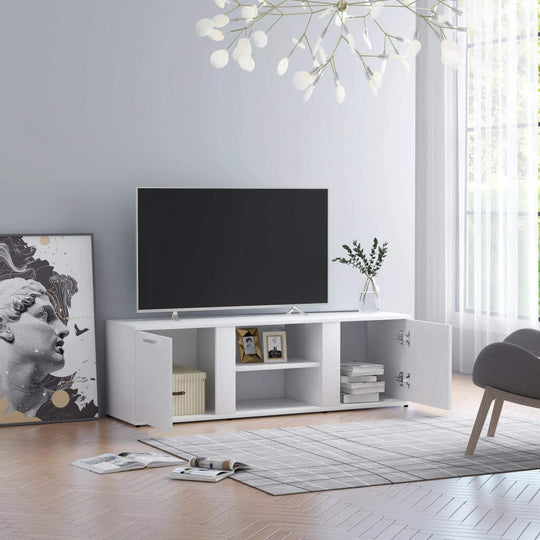 White engineered wood TV cabinet with open compartments and doors, set in a modern living room with a minimalist design.