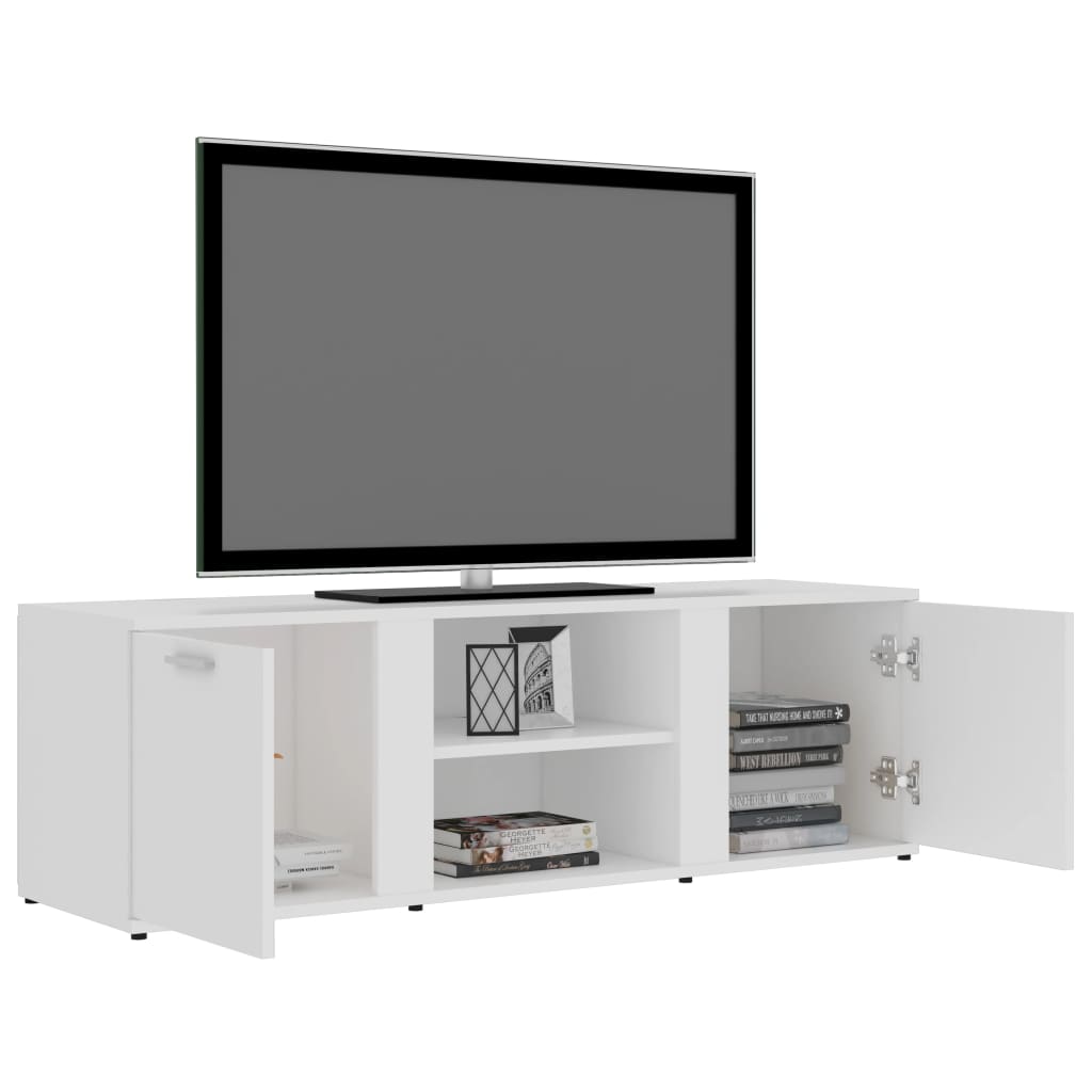 White engineered wood TV cabinet with 2 doors and 2 open compartments, 120x34x37 cm, storing multimedia appliances and books.