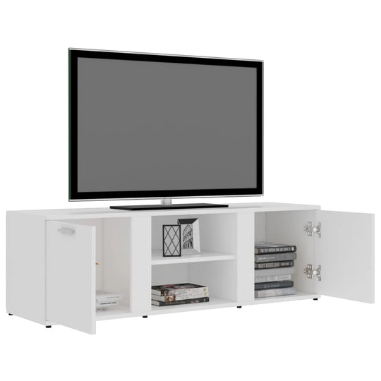 White engineered wood TV cabinet with open compartments and doors, perfect for home or patio use.