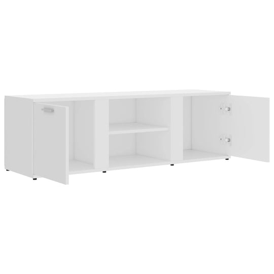 White engineered wood TV cabinet with 2 doors and 2 open compartments, dimensions 120x34x37 cm, ideal for multimedia storage.