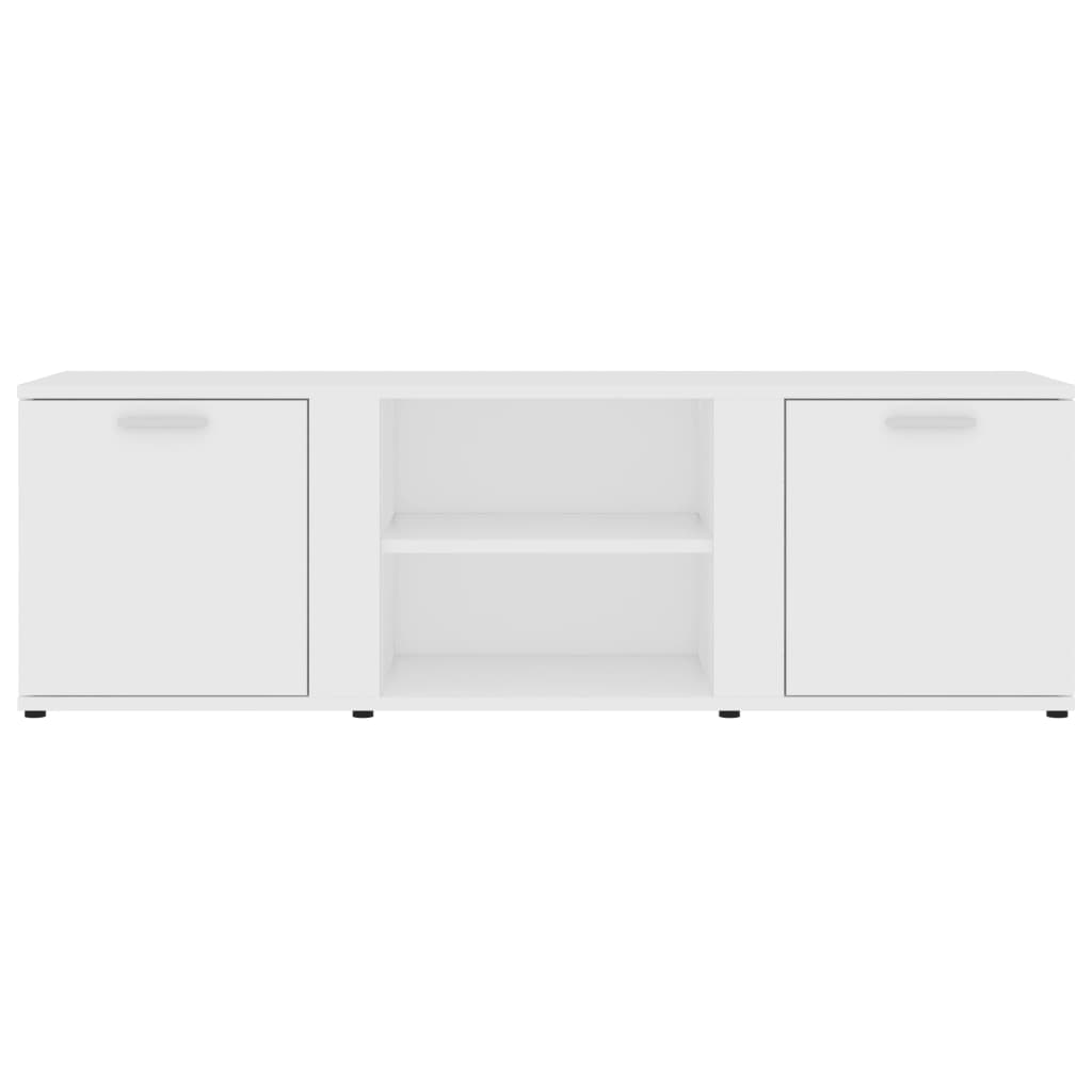 White engineered wood TV cabinet with two doors and open compartments, perfect for home and garden furniture settings.