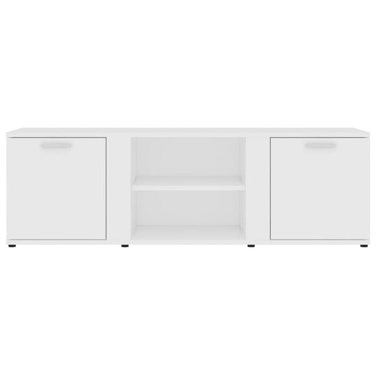 White engineered wood TV cabinet with 2 doors and 2 open compartments, measuring 120x34x37 cm, ideal for storing multimedia consoles and magazines