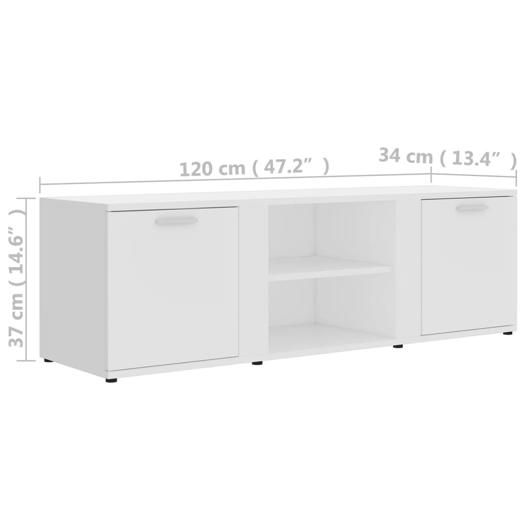 White engineered wood TV cabinet with dimensions 120x34x37 cm, featuring 2 doors and 2 open compartments for storage.