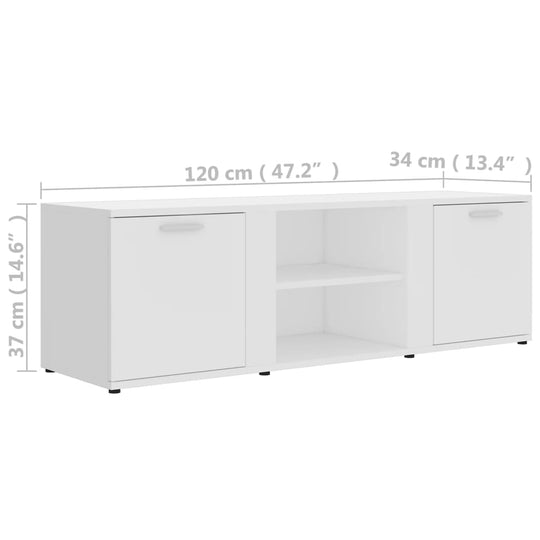 White 120x34x37 cm TV cabinet with 2 doors and open compartments, crafted from engineered wood. Ideal for home furniture and outdoor spaces.