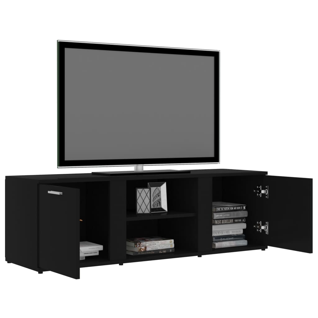 Stylish black TV cabinet with two doors and open shelves, perfect for multimedia storage and home decor, 120x34x37 cm.