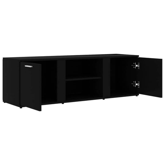 Black TV cabinet with two doors and open compartments, perfect for multimedia storage and stylish home decor.