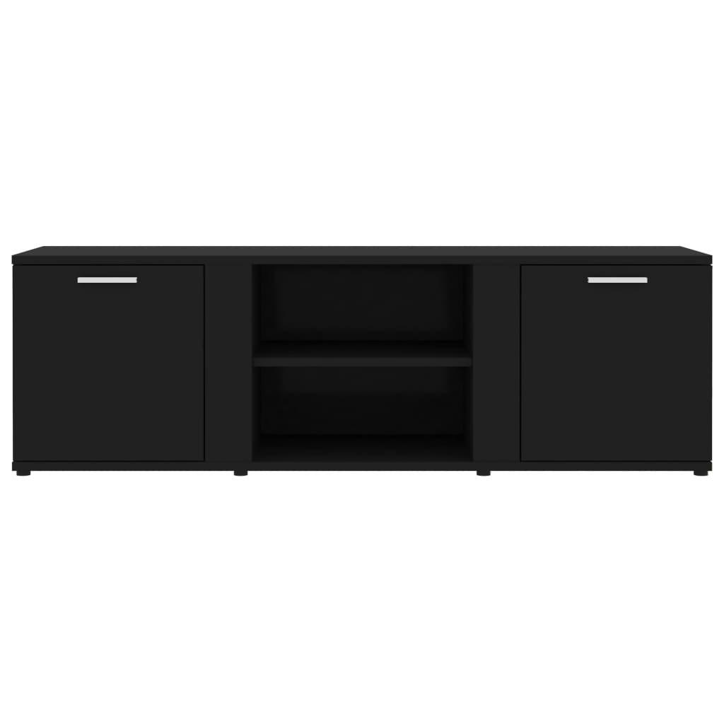 Black 120x34x37 cm TV cabinet in engineered wood with 2 doors and open compartments for multimedia storage.