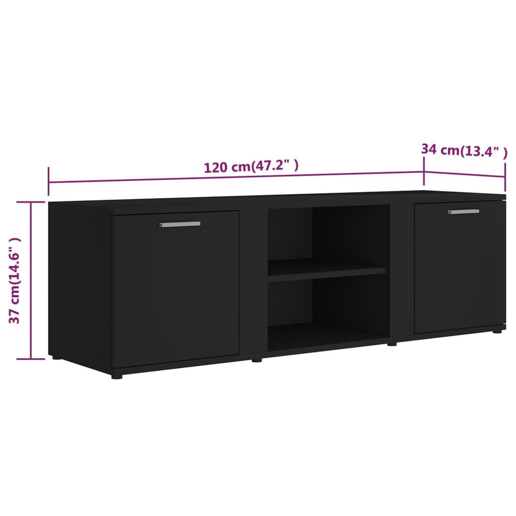 TV cabinet in black, featuring 2 doors and 2 open compartments, dimensions 120x34x37 cm, ideal for living room storage.