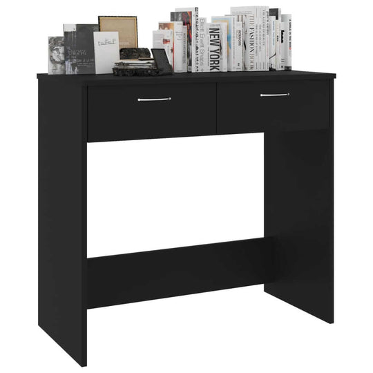 Sleek black desk with two drawers and books on top, ideal for modern study or workspace, made from durable engineered wood.