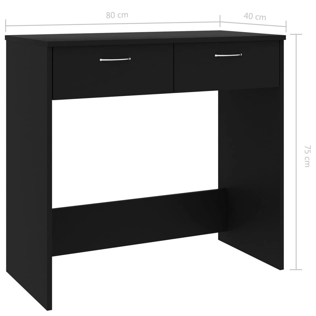 Sleek black desk made of engineered wood, measuring 80x40x75 cm, featuring two drawers for storage, ideal for small spaces.