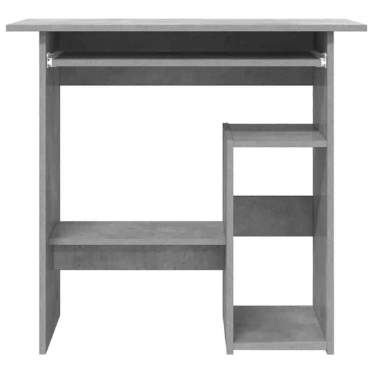 Modern concrete grey desk with open shelf and side storage for compact spaces, ideal for study and work areas.