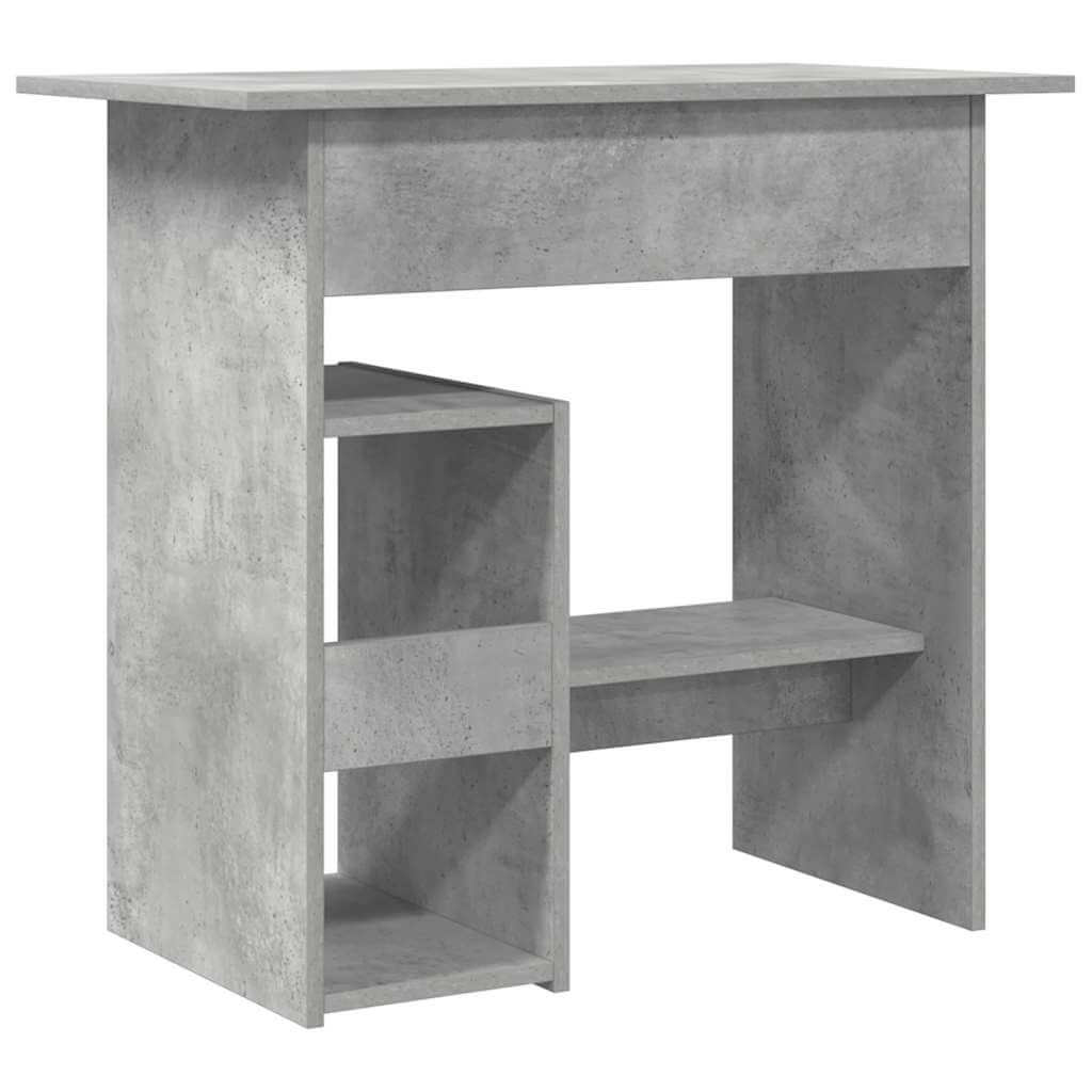 Modern concrete grey desk with open shelving, ideal for compact spaces and home offices, made of durable engineered wood.