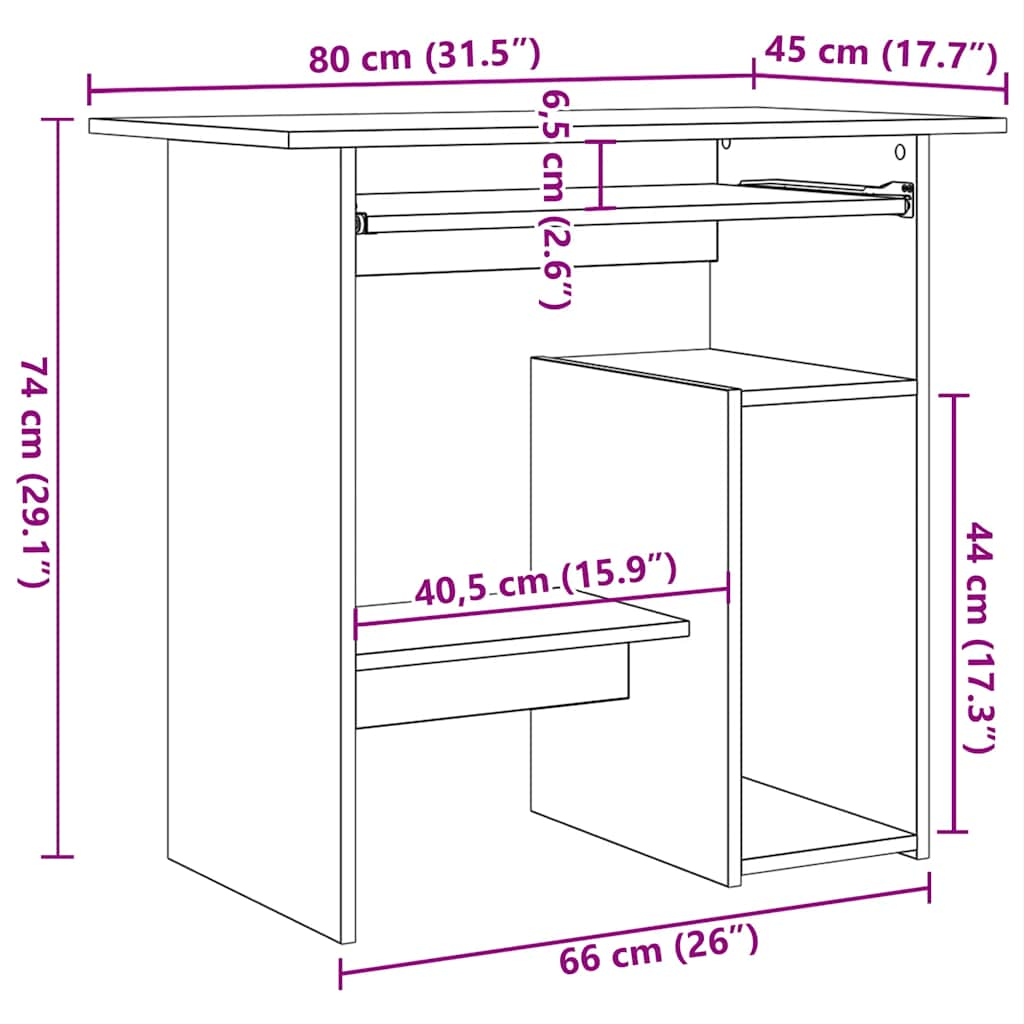 Dimensions of a sleek concrete grey desk, measuring 80x45x74 cm, showcasing modern design and practical features.