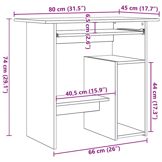 Dimensions of a sleek concrete grey desk, measuring 80x45x74 cm, showcasing modern design and practical features.