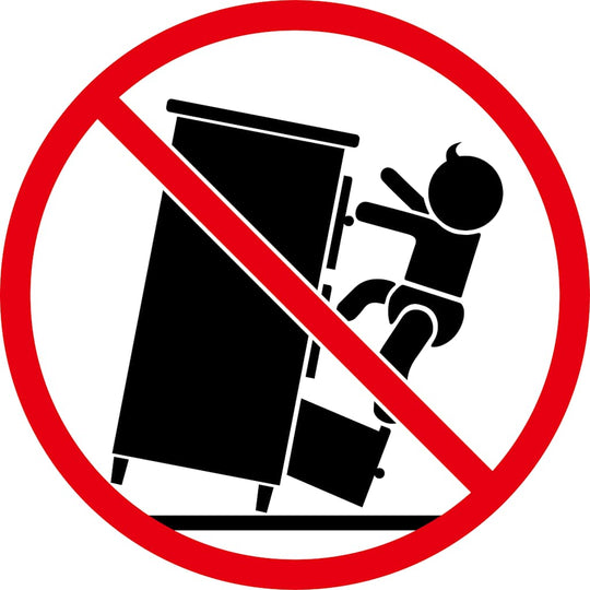 Warning sign against climbing furniture for child safety, featuring a child attempting to climb a dresser.