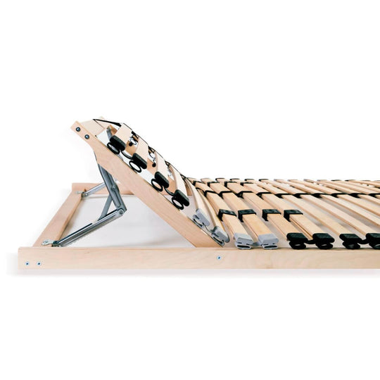 Adjustable slatted bed base with beechwood frame and birch slats, featuring SBS rubber caps and customizable firmness.