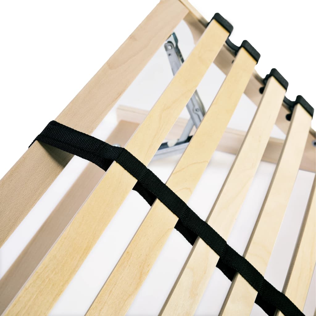 Slatted bed base with beechwood frame and birch slats, featuring SBS rubber caps for stability and customizable firmness options.