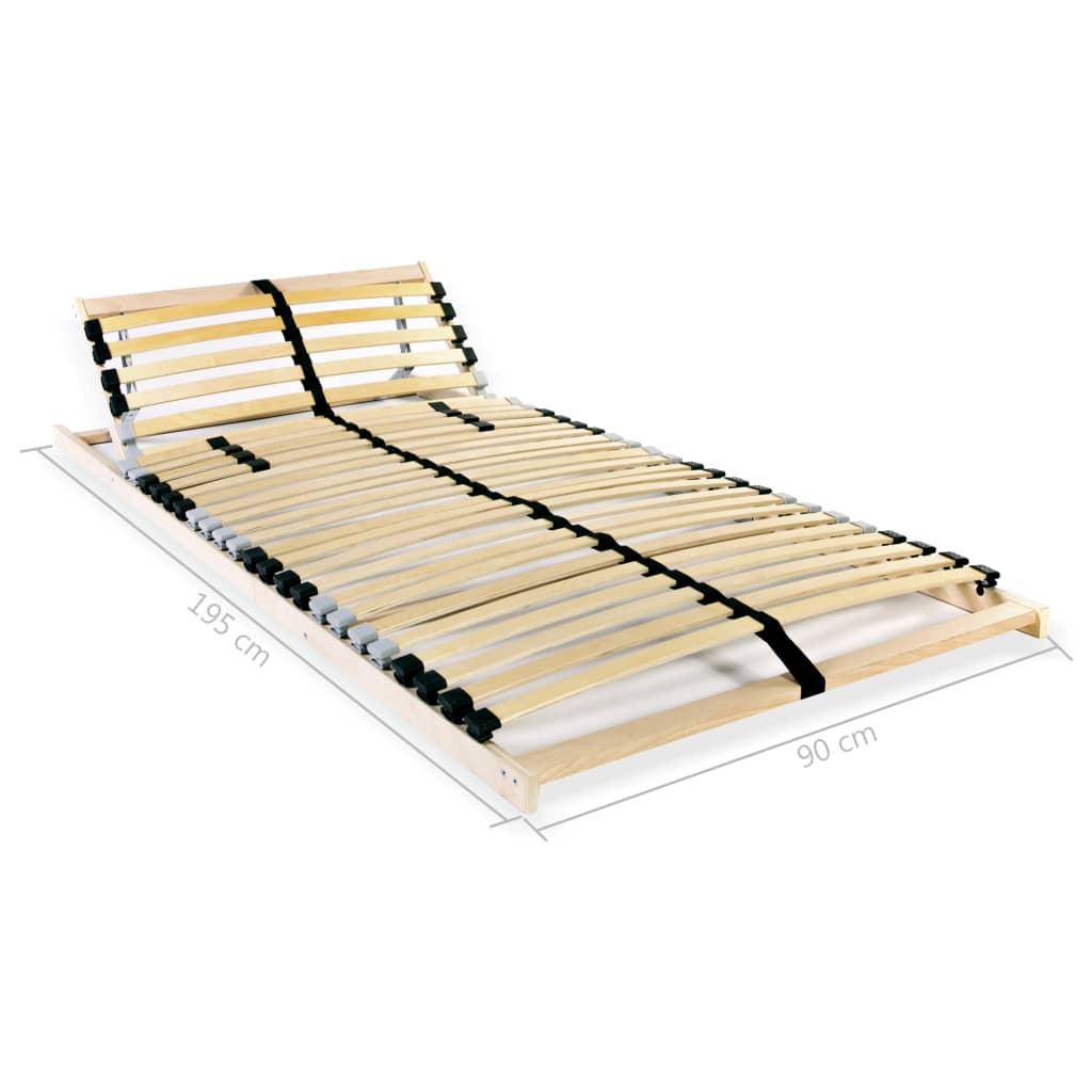 Slatted bed base with 28 slats and adjustable zones, measuring 90x200 cm.