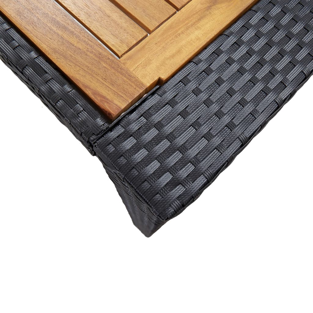 Close-up of poly rattan weaving and solid acacia wood tabletop, showcasing durable outdoor furniture design.