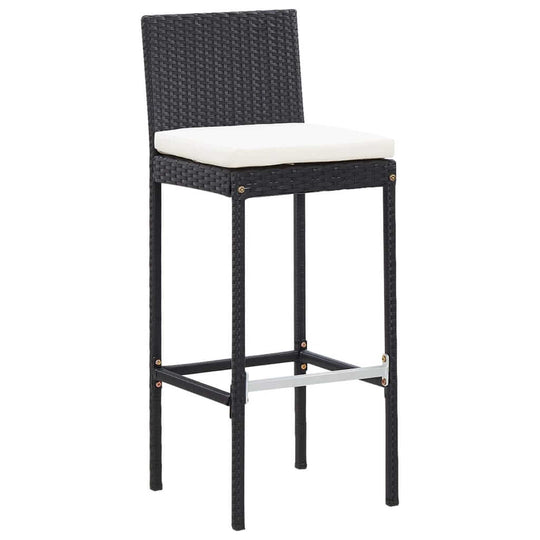 Black poly rattan outdoor bar stool with white cushion, perfect for garden lounge furniture and patio seating.