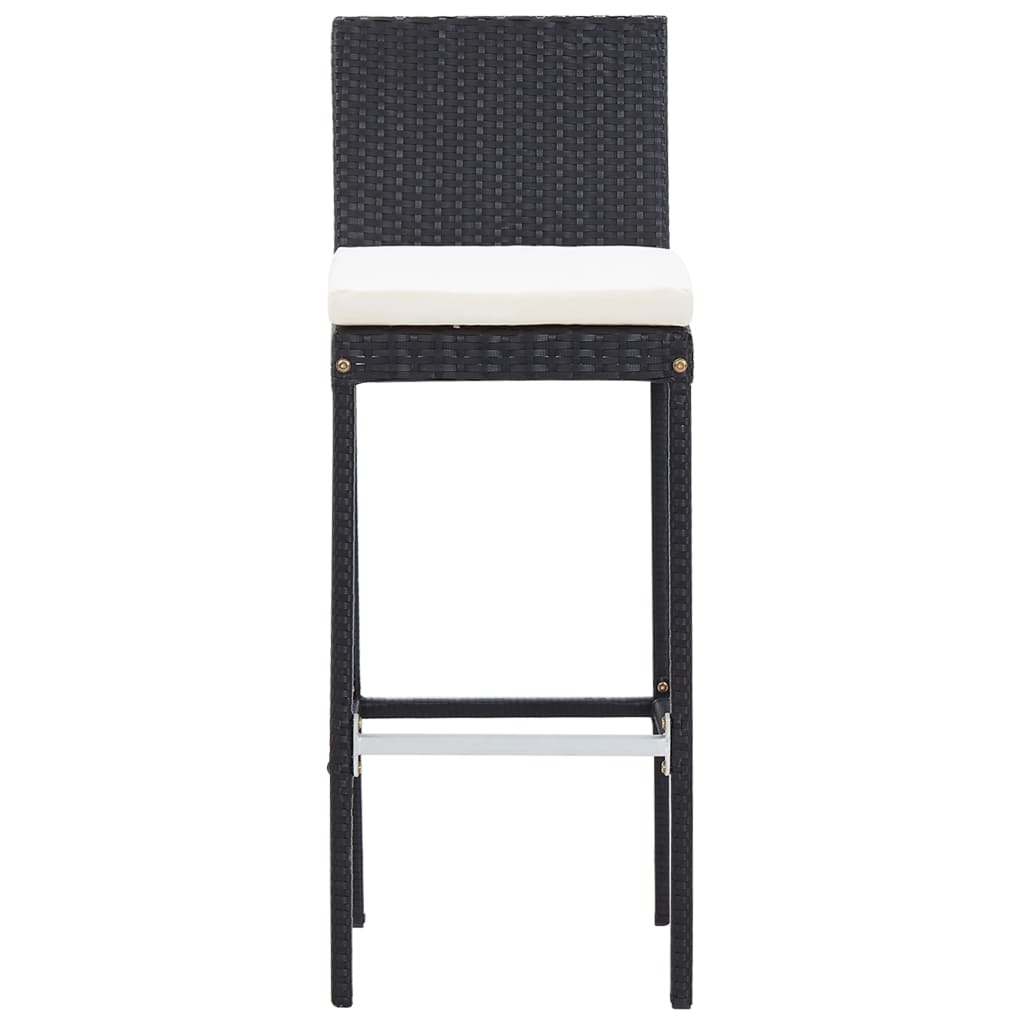 Black poly rattan bar stool with cushion, perfect for outdoor furniture and patio lounge settings. Durable and stylish.