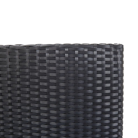 Close-up of black poly rattan weave, showcasing the texture and durability for outdoor furniture.