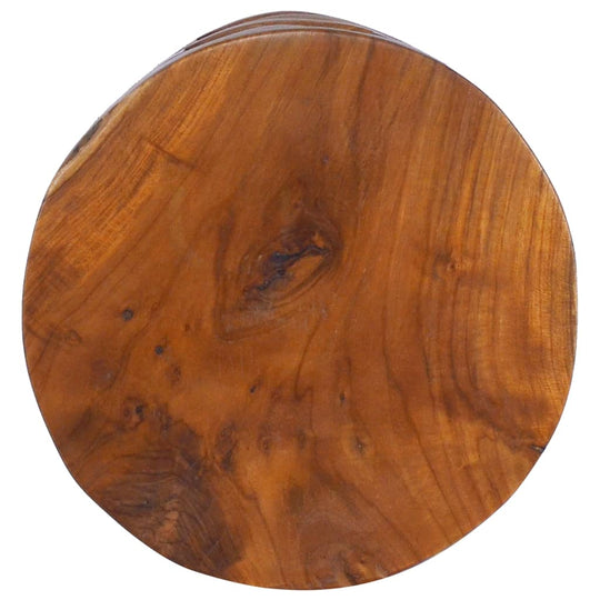 Solid teak wood round tabletop showcasing unique grains and vintage character, ideal for handmade furniture.