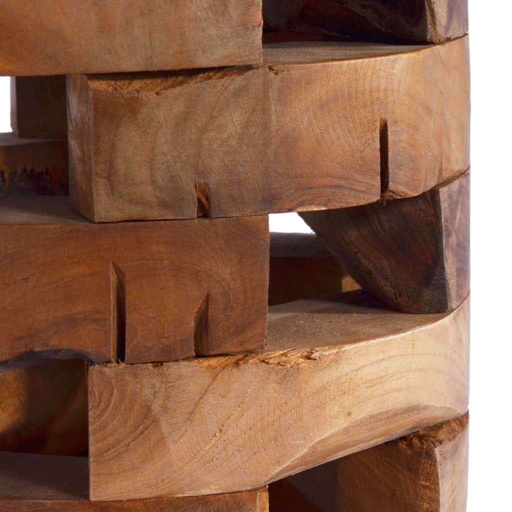 Close-up of unique wood grain and craftsmanship on a solid teak bedside cabinet.