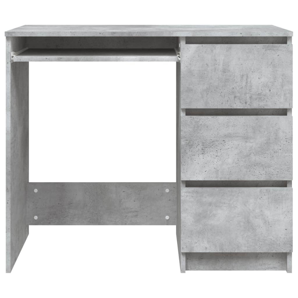 Modern concrete grey desk made of engineered wood with three drawers and compact design for small spaces.