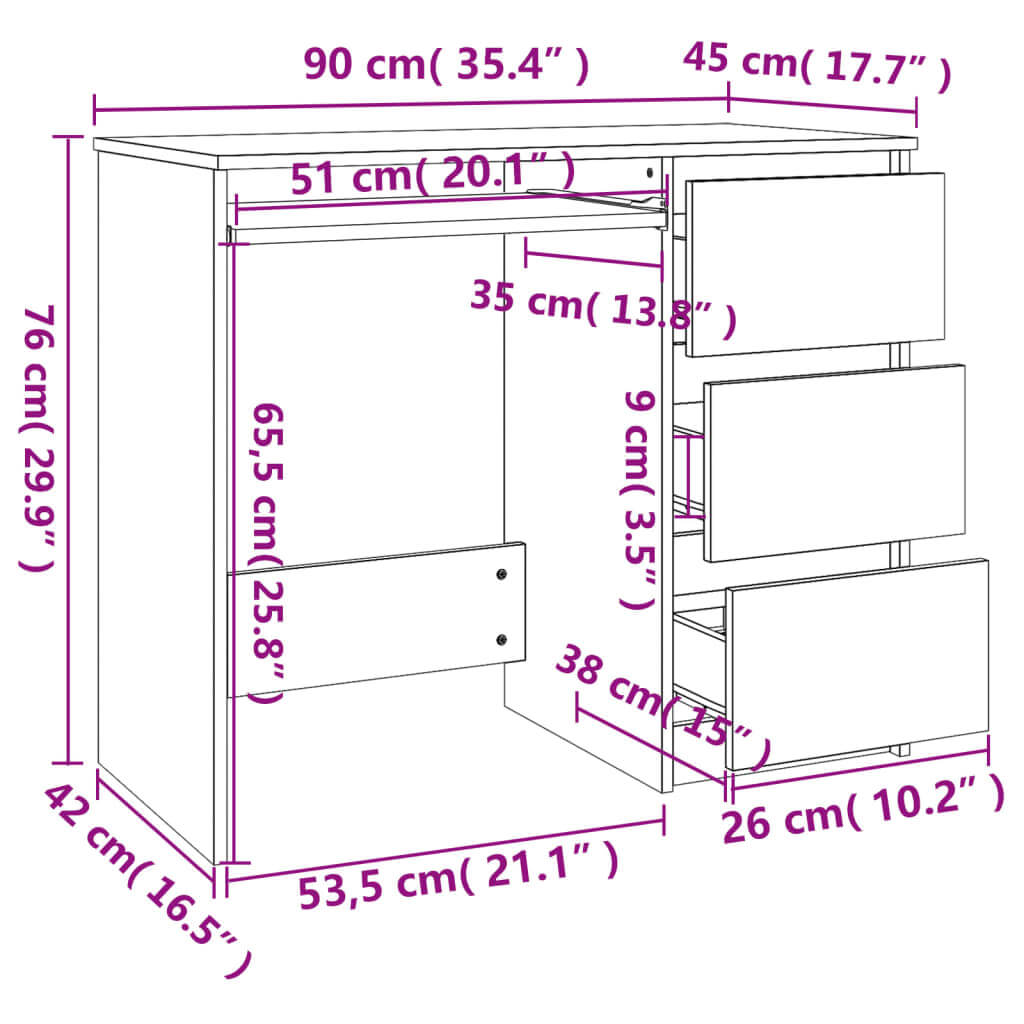 Dimensions diagram of a concrete grey desk made of engineered wood, measuring 90x45x76 cm with detailed storage features.