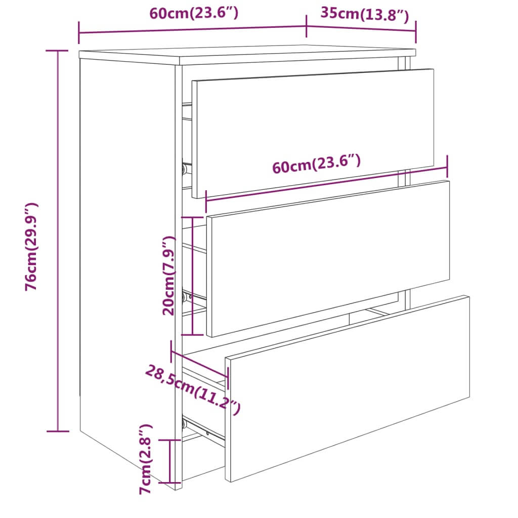 Black sideboard dimensions 60x35x76 cm showcasing three drawers for storage and display. Minimalist design illustration.