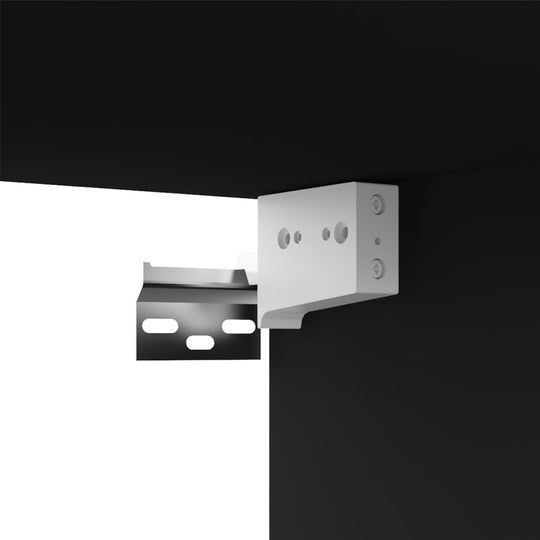 Close-up of a wall mount bracket attached to a black TV cabinet for secure installation and support.