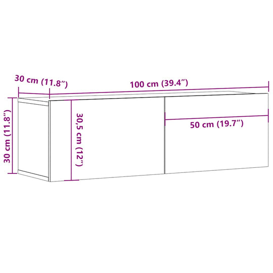 Diagram of TV Cabinet 100×30×30 cm – Engineered Wood Media Console showing dimensions and compartments.
