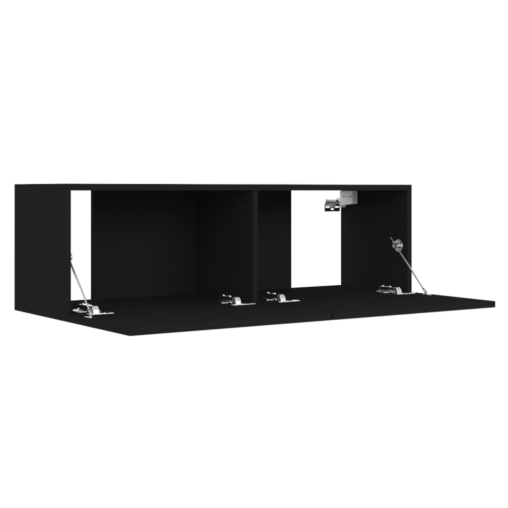 Wall-mounted black TV cabinet with drop-down doors, ideal for storing magazines and DVDs, adding elegance to any home or outdoor space.