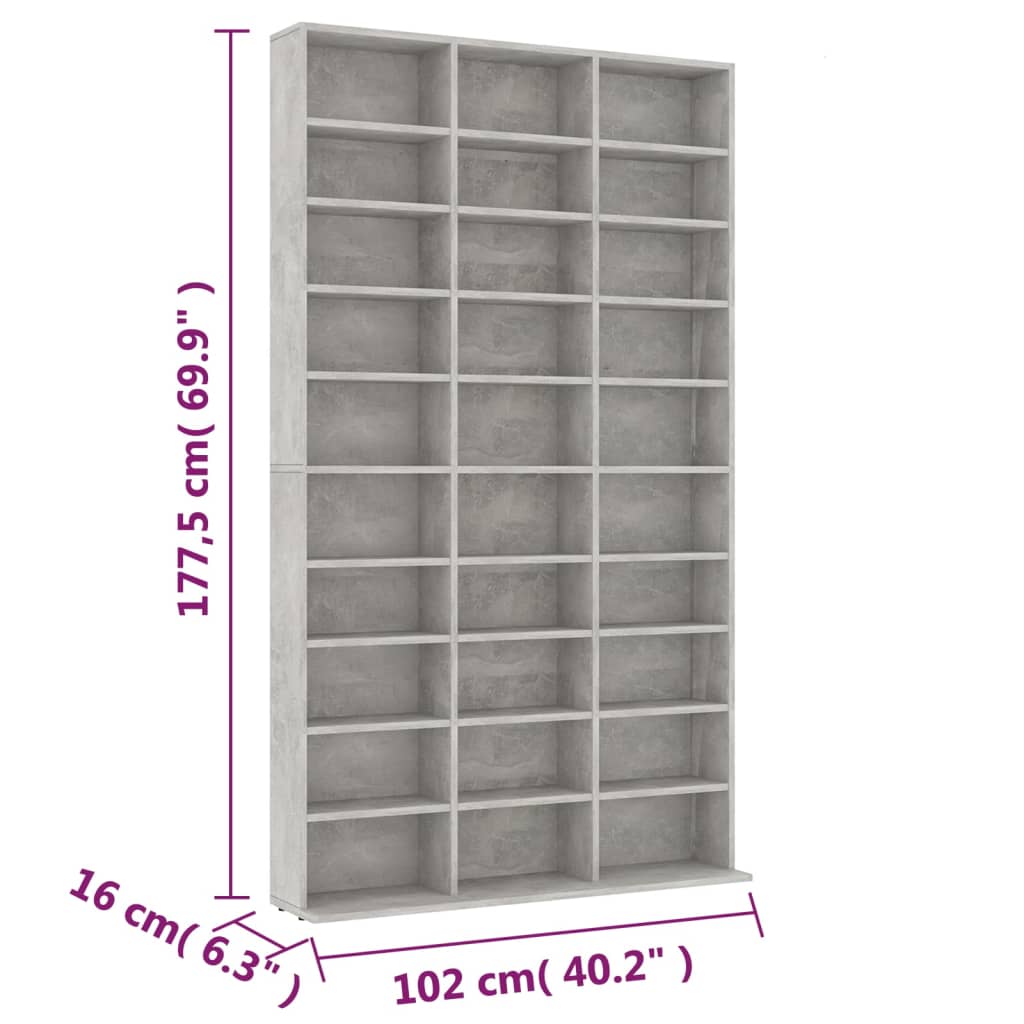 CD cabinet in concrete grey with 30 open compartments, dimensions 102x16x177.5 cm, ideal for organizing music collection.