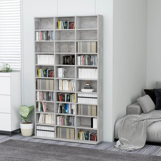 CD cabinet in concrete grey, featuring 30 compartments for organized storage in a contemporary living space.