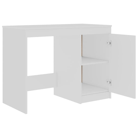 Sleek white desk made of engineered wood with integrated cabinet and shelves for storage, perfect for modern workspaces.