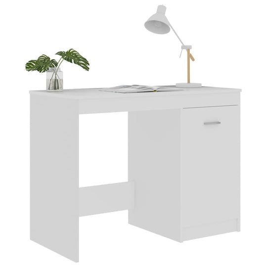 Modern white desk with integrated cabinet, lamp, and decorative plant, ideal for study and workspace.