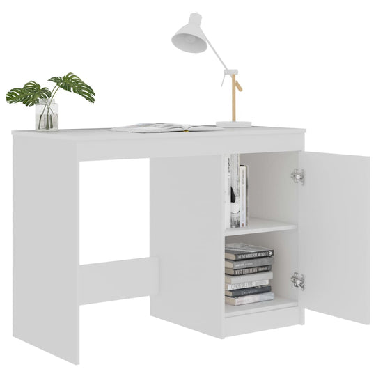 Modern white desk with storage, integrated cabinet for books and essentials, perfect for study and workspaces.